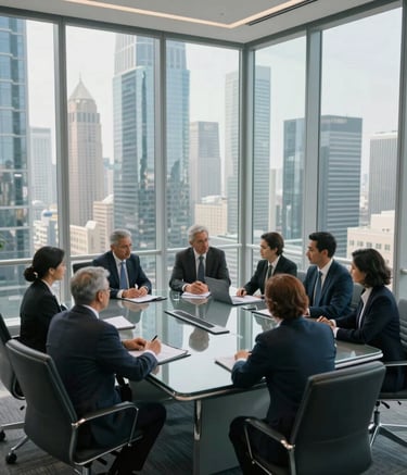 A high-angle professional photograph of a modern glass boardroom in a skyscraper. A group of professionals in business attire are engaged in a meeting around a sleek table, with the city skyline visible through large windows. Middle Eastern context.