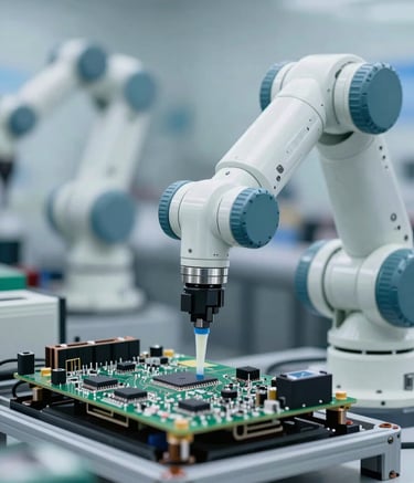 A clean, high-tech industrial setting showing a precision robotic arm applying electronic adhesive to a circuit board. The lighting is bright and technical. The color palette features whites and metallic silvers with accents of #2F4F6F and #6A8CA9, conveying a sophisticated manufacturing environment.