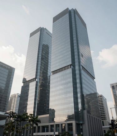 A professional wide shot of a modern corporate office building in Singapore with glass facades. The style is clean and international business-like. Soft daylight lighting. The image incorporates subtle tones of #6A8CA9 in the sky and glass reflections.