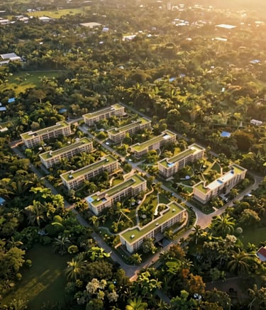 High-angle drone shot of an exclusive land development in Yucatán at golden hour. The landscape shows organized, minimalist geometric plot divisions surrounded by lush low-jungle vegetation. The lighting is cinematic, reflecting a premium investment opportunity. The color palette incorporates deep greens and warm golden tones consistent with #5A6B4F and #C2A96A.
