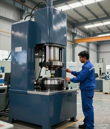 A wide-angle professional photograph of a clean, modern industrial facility in a South Asian / Indian manufacturing hub. A skilled professional in a steel blue uniform is inspecting a large hydraulic machine. The atmosphere is bright and efficient, with a color palette of deep navy and soft mist reflecting from the polished surfaces.