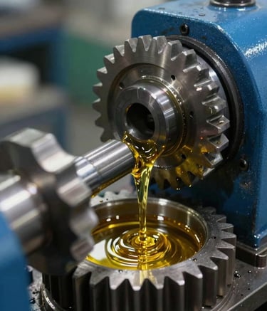 A macro photograph of high-precision gear components being treated with a golden-hued industrial gear oil in a South Asian / Indian engineering workshop. The lighting is crisp, highlighting the viscosity of the oil and the clean steel blue and deep navy machinery parts.