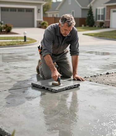 A professional mason in clean work attire finishing a fresh concrete driveway in a modern North American / US suburban neighborhood. The scene features smooth silver grey concrete and slate grey finishing tools, reflecting seasoned expertise and reliability.
