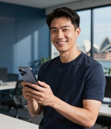 A professional tech influencer in a modern Sydney office setting, holding a sleek mobile phone and looking at the camera with a confident smile. Soft sunlight, depth of field with a navy blue and steel blue interior background, Oceanian / Australian vibes.