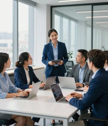 A modern, professional office setting with large windows and natural light. A diverse team of experts is collaborating around a clean white table, reflecting a trustworthy and approachable corporate atmosphere. The scene includes subtle accents of deep blue (#0A2C42) and soft blue (#6C9DD1) in the office decor and furniture.