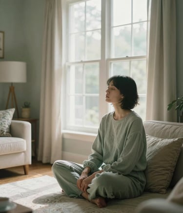 A person sitting peacefully by a large window in a bright North American living room during a quiet morning. The person is in a relaxed, grounded posture with soft sage green and cream tones throughout the room, evoking a sense of inner balance.
