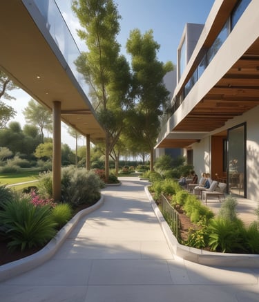 A serene view of a modern Sobha Rivana residential building surrounded by lush greenery at sunset