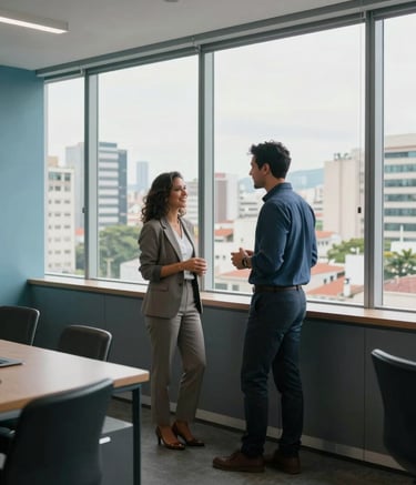 A wide shot of a modern and bright office in a South American / Brazilian city. Two professionals, a man and a woman in business casual attire, are chatting warmly by a window with city views. The interior design features elements of light blue and dark slate grey, creating a professional yet welcoming atmosphere with soft natural lighting.