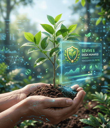 Hands holding a green plant seedling with digital data interface for carbon footprint tracking.