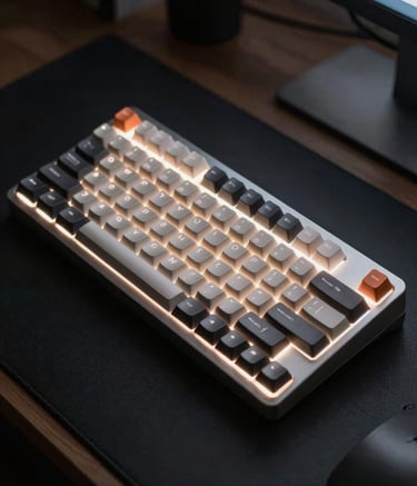 A high-angle, minimalist close-up of a high-end mechanical keyboard on a midnight black desk. Soft frost white backlighting glows under the keys. The scene is set in a modern North American / US office environment with sharp lighting and clean lines.