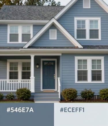 A high-quality photo of a residential home exterior in Connecticut with a fresh, professional coat of blue-gray paint. The lighting is crisp afternoon sun, highlighting the clean edges and modern aesthetic using the #546E7A and #ECEFF1 brand colors.