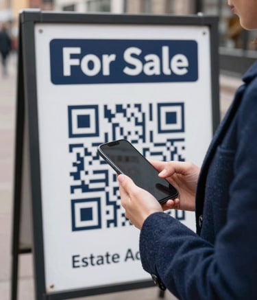 A close-up photograph in a Northern European city. A person wearing a professional navy blue wool coat is holding a sleek smartphone, scanning a crisp QR code on a high-quality white and dark navy estate agent 'For Sale' board. Natural morning light, clean street background.