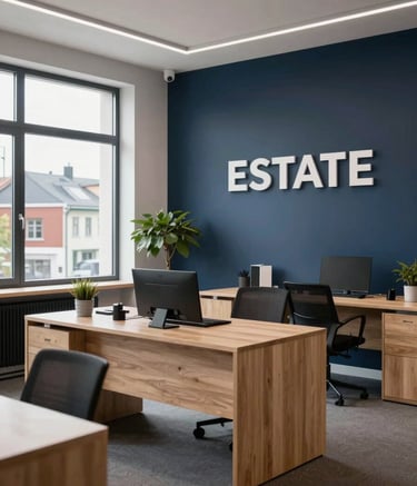 A wide shot of a modern, professional estate agency office in a Northern European town. The interior features clean lines, light-colored wooden desks, and dark navy blue accent walls. Large windows let in bright, soft daylight, reflecting an efficient and trustworthy business environment.