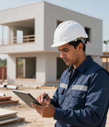 A professional South American / Brazilian contractor in a white safety helmet and midnight blue vest, reviewing architectural plans on a tablet at a bright, modern construction site. In the background, a residential structure with clean lines is under development. Natural daylight, solid and professional atmosphere.