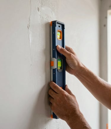 A close-up photograph of high-quality construction finishing in a South American / Brazilian residential project. A professional hand is using a precision level on a freshly plastered wall. The lighting is bright and clean, highlighting the smooth texture. Accents of midnight blue and orange amber are visible in the tools and safety equipment.