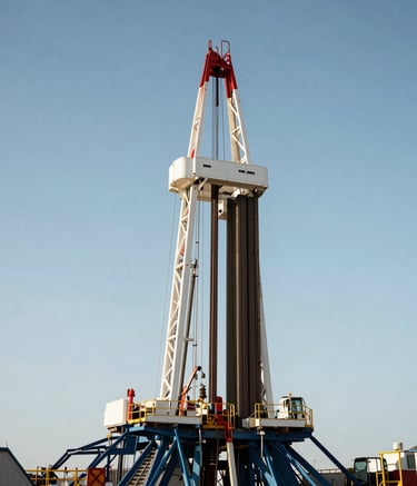 A professional photograph of a modern oil drilling rig operating under a vast sky, with sharp metallic details and a clean, efficient aesthetic, International / Global.