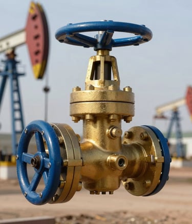 A close-up photograph of a heavy-duty industrial valve assembly with a polished gold finish and steel blue metallic components, set against an industrial oil field backdrop, professional lighting, International / Global setting.