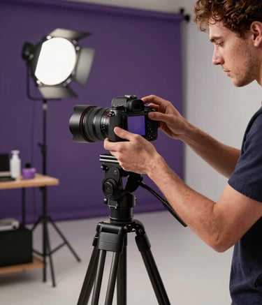 A high-end photography studio in a North American setting. A professional is adjusting a DSLR camera on a tripod to shoot a small business product. Soft, professional lighting fills the space, with deep purple accents in the studio decor. Modern and professional atmosphere.