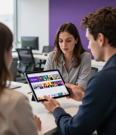 A collaborative team meeting in a modern North American office. Two professionals are looking at a tablet displaying a vibrant social media content calendar. The room is bright with natural light, featuring silver and deep purple brand colors in the background.