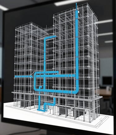 A high-precision wireframe 3D model of a complex structural building system shown on a large architectural display. The image uses a clean, technical style with color accents in #7ABDCF and #2E5F7B to highlight pipework and HVAC systems against a professional dark office background.