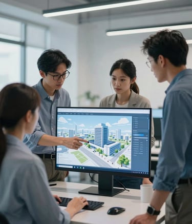 A collaborative office setting where architects are reviewing a digital twin on a sleek screen. The atmosphere is modern and efficient, with soft professional lighting and a color palette incorporating #EBF4F7 and #2E5F7B.
