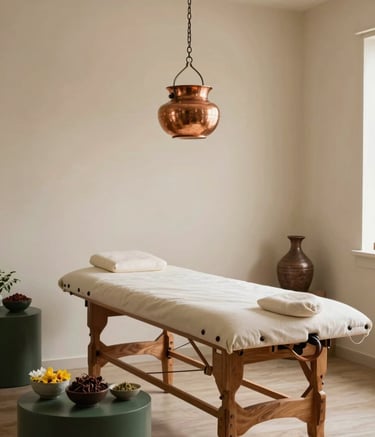 A professional Ayurvedic treatment room with a warm, minimalist aesthetic. A traditional wooden massage table sits in the center, and a polished copper vessel hangs above it. The room is filled with soft, natural light, and the walls are a Warm Off-White. Small bowls of medicinal herbs and flowers are arranged on a Dark Forest Green side table.