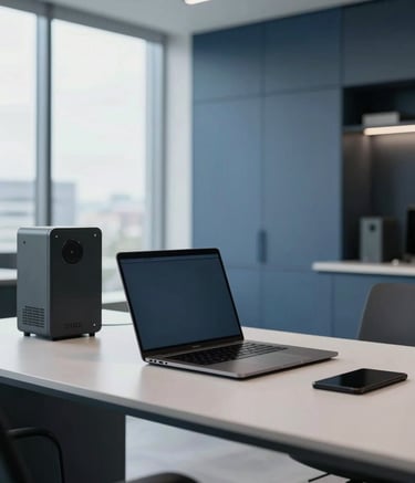 Modern minimalist workspace in a South American corporate building, focusing on high-end hardware and laptop on a clean desk, bright natural light, professional blue and charcoal color scheme.