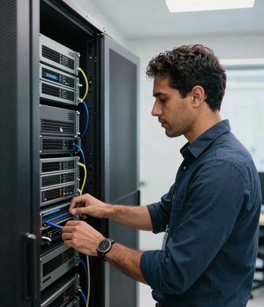A focused South American IT technician in professional attire working on a network server rack, clean composition, lighting using soft white and silver tones, Brazilian office environment.