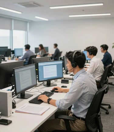 Clean, wide-angle shot of a modern Brazilian IT support office, with ergonomic workstations and professional staff in background, bright and airy atmosphere.