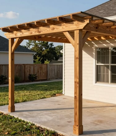 Professional high-angle photography of a newly constructed wooden pergola and patio cover in a North American suburban backyard in Texas, showcasing robust reliability and precise craftsmanship under a bright afternoon sun.