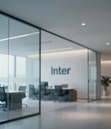 A wide-angle view of a modern, minimalist corporate office interior. Sleek glass partitions, Inter-font typography on subtle signage, and a clean professional atmosphere. Incorporates muted tones of #405D72 and #687C92, conveying sophisticated efficiency and trustworthiness.