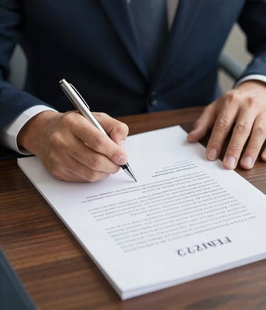 A close-up, high-detail shot of a professional signing a legal document on a mahogany desk. The lighting is soft and corporate, featuring silver pens and structured paperwork. The color palette includes deep blues and soft whites to reflect the #212A3E and #F5F7F8 brand colors, exuding reliability and precision.