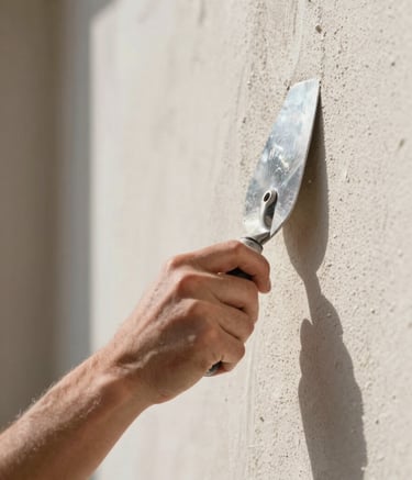 A close-up photograph of a skilled artisan applying high-quality facade plaster (crépi) with a trowel, capturing the fine texture and clean finish, natural bright daylight, set in a Western European construction site.