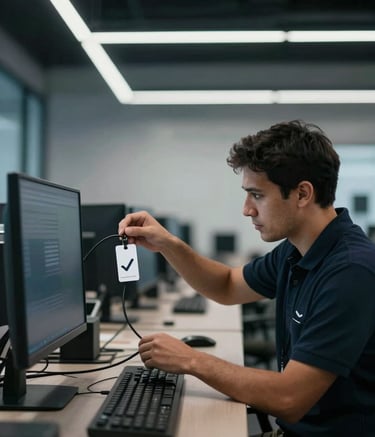 A professional wide-angle shot of a modern, clean NZ office interior with a technician discreetly placing a high-end, minimalist test tag on a computer cable. Dark, sophisticated tones with #2D3A4B shadows.