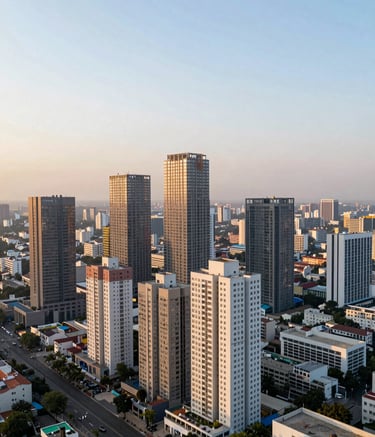 An aerial panoramic view of Noida's developing skyline featuring modern residential towers and commercial hubs under a soft, golden hour sky. Realistic, clean composition reflecting growth and urban sophistication.