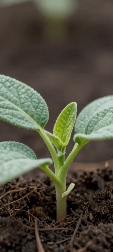 Close-up photography of a young seedling sprout emerging from dark rich soil. Soft focus background of a garden. Natural lighting, vibrant sage green leaves, symbolizing growth.