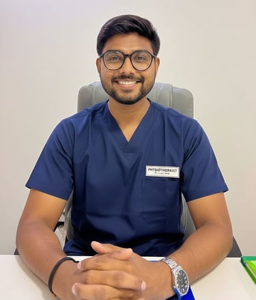 a male physiotherapist in scrubs and sitting at a desk