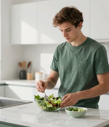 A minimalist, high-end kitchen setting with a soft morning light. A confident Gen Z creator is preparing a vibrant green salad. The aesthetic is clean and editorial, featuring white marble surfaces and subtle forest green (#1A4D2E) accents. Professional photography style with a shallow depth of field.
