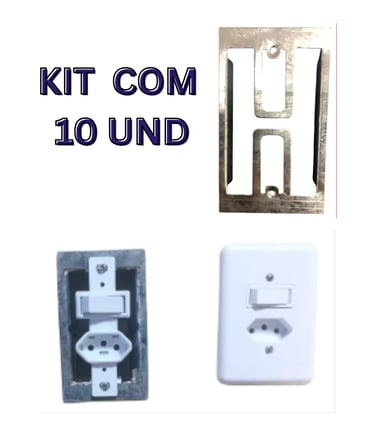 Kit com 10 unidades de interruptor simples e tomada branca com placa e suporte metálico.