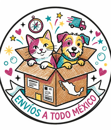 Ilustración de un perro y gato saliendo de una caja para envios nacionales tipo dibujo en crayola