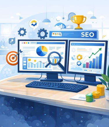 Digital marketing SEO analytics dashboard showing performance charts and data on dual monitors.