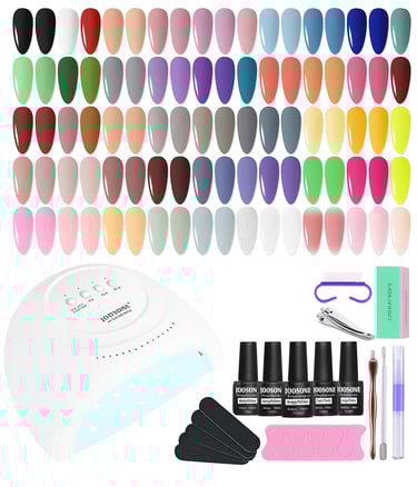 a gel nail kit that includes sample colors of the rainbow, a light, and extra nail tools