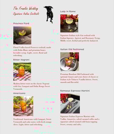 Italian themed wedding menu Bender Mixology Services