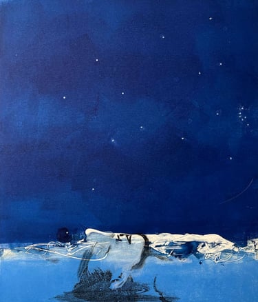 monoprint of woman with dark blue sky