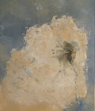 monoprint of woman looking up