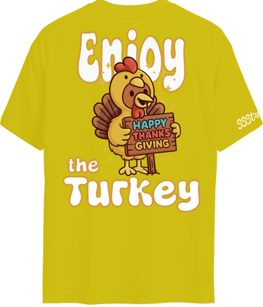 Funny Thanksgiving T-shirt featuring a cartoon turkey holding a “Happy Thanksgiving” sign
