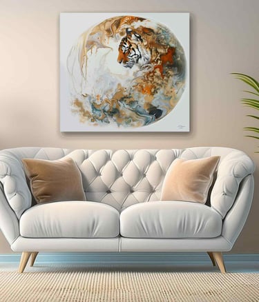a couch with a canvas print of a tiger