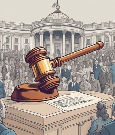 A close-up of a vintage law book with a gavel resting on top, set against a dark wooden background.