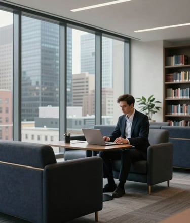 A high-end, modern corporate library in a North American business district. Deep navy and slate grey tones dominate the sleek furniture. Natural light streams in through floor-to-ceiling windows showing a urban skyline. A professional environment focused on data and strategy.