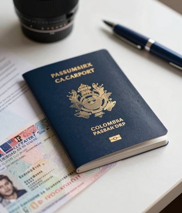 Close-up photography of a Colombian passport and official visa documents on a clean white desk, soft natural light, professional and organized composition with a navy blue pen.